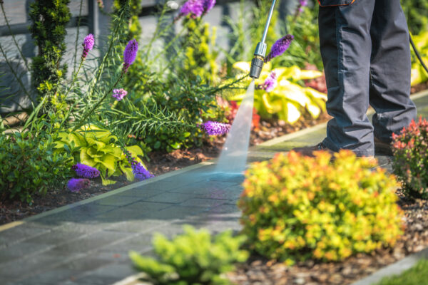Pressure Washing Garden Path Closeup Photo. Cleaning Backyard Garden Cobble Pathway.